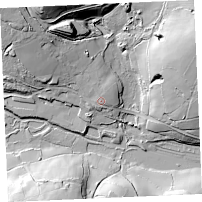 Shaded relief map of the ground around TR48ST, computed from Environment Agency LiDAR. The ground here sits at about 23 m above sea level and falls 53 m across the surrounding 800 m. Surface water reaching this point runs off ground lying to the north-north-east, 3.8 m higher.