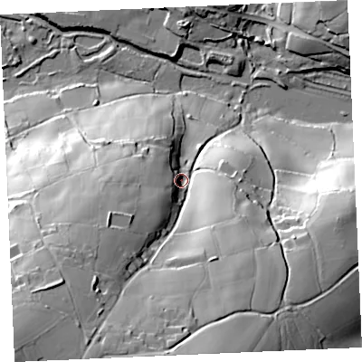 Shaded relief map of the ground around TR48SX, computed from Environment Agency LiDAR. The ground here sits at about 33 m above sea level and falls 71 m across the surrounding 800 m. Surface water reaching this point runs off ground lying to the south-west, 48.3 m higher.