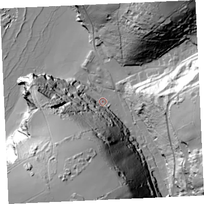 Shaded relief map of the ground around TR48TZ, computed from Environment Agency LiDAR. The ground here sits at about 9 m above sea level and falls 91 m across the surrounding 800 m. Surface water reaching this point runs off ground lying to the south-south-west, 76.7 m higher.
