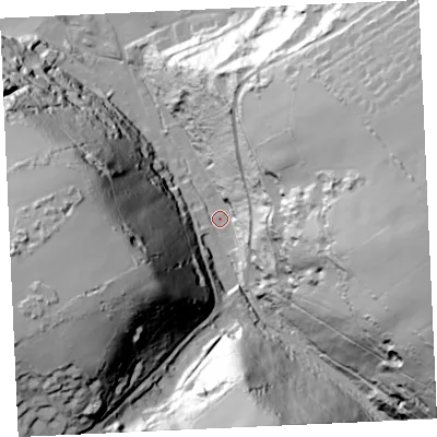 Shaded relief map of the ground around TR48UB, computed from Environment Agency LiDAR. The ground here sits at about 14 m above sea level and falls 98 m across the surrounding 800 m. Surface water reaching this point runs off ground lying to the east, 87.4 m higher.