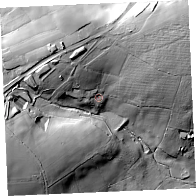 Shaded relief map of the ground around TR49DH, computed from Environment Agency LiDAR. The ground here sits at about 76 m above sea level and falls 59 m across the surrounding 800 m. Surface water reaching this point runs off ground lying to the north, 22.4 m higher.