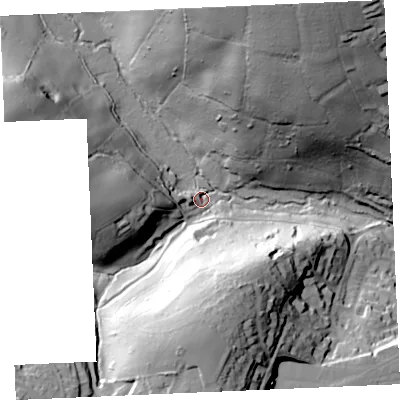 Shaded relief map of the ground around TR49EA, computed from Environment Agency LiDAR. The ground here sits at about 16 m above sea level and falls 73 m across the surrounding 800 m. Surface water reaching this point runs off ground lying to the south, 50.1 m higher.