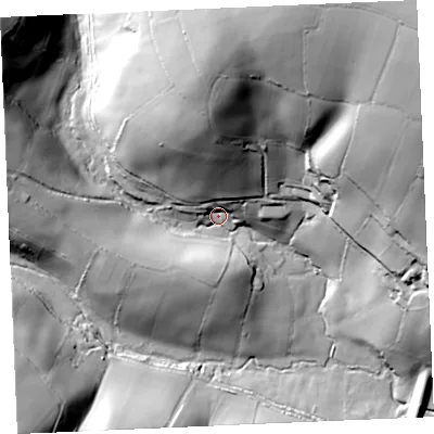 Shaded relief map of the ground around TR49ED, computed from Environment Agency LiDAR. The ground here sits at about 26 m above sea level and falls 78 m across the surrounding 800 m. Surface water reaching this point runs off ground lying to the north, 63.3 m higher.