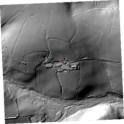 Shaded relief map of the ground around TR49EH, computed from Environment Agency LiDAR. The ground here sits at about 73 m above sea level and falls 71 m across the surrounding 800 m. Surface water reaching this point runs off ground lying to the north, 29.5 m higher.
