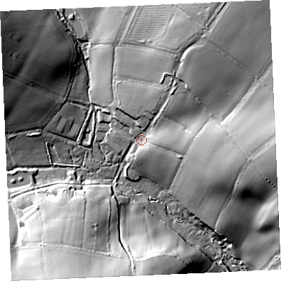 Shaded relief map of the ground around TR49EL, computed from Environment Agency LiDAR. The ground here sits at about 57 m above sea level and falls 54 m across the surrounding 800 m. Surface water reaching this point runs off ground lying to the north-east, 42.0 m higher.
