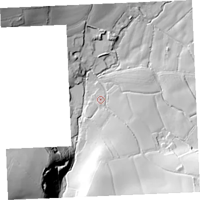 Shaded relief map of the ground around TR49LN, computed from Environment Agency LiDAR. The ground here sits at about 51 m above sea level and falls 70 m across the surrounding 800 m. Surface water reaching this point runs off ground lying to the south-south-east, 30.9 m higher.