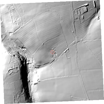 Shaded relief map of the ground around TR49NB, computed from Environment Agency LiDAR. The ground here sits at about 106 m above sea level and falls 47 m across the surrounding 800 m. Surface water reaching this point runs off ground lying to the north, 10.3 m higher.