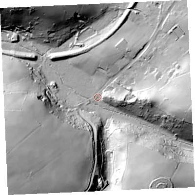 Shaded relief map of the ground around TR49PE, computed from Environment Agency LiDAR. The ground here sits at about 16 m above sea level and falls 70 m across the surrounding 800 m. Surface water reaching this point runs off ground lying to the east, 45.5 m higher.