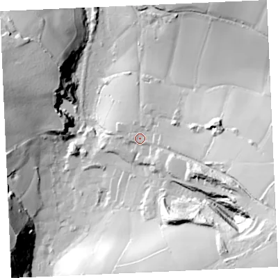 Shaded relief map of the ground around TR49PR, computed from Environment Agency LiDAR. The ground here sits at about 38 m above sea level and falls 62 m across the surrounding 800 m. Surface water reaching this point runs off ground lying to the east-south-east, 35.8 m higher.