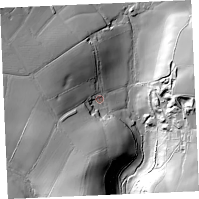 Shaded relief map of the ground around TR49QU, computed from Environment Agency LiDAR. The ground here sits at about 41 m above sea level and falls 52 m across the surrounding 800 m. Surface water reaching this point runs off ground lying to the west-north-west, 27.5 m higher.