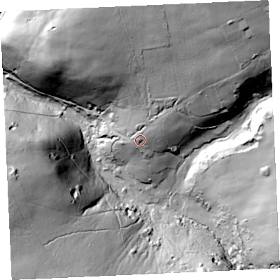 Shaded relief map of the ground around TR50NS, computed from Environment Agency LiDAR. The ground here sits at about 53 m above sea level and falls 95 m across the surrounding 800 m. Surface water reaching this point runs off ground lying to the north-east, 20.8 m higher.