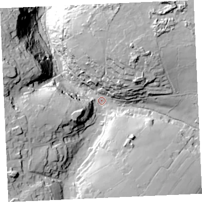 Shaded relief map of the ground around TR50QU, computed from Environment Agency LiDAR. The ground here sits at about 67 m above sea level and falls 69 m across the surrounding 800 m. Surface water reaching this point runs off ground lying to the south-west, 43.2 m higher.