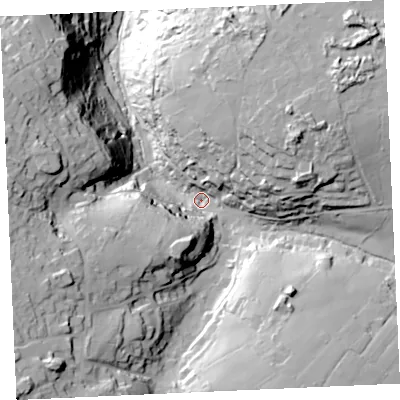Shaded relief map of the ground around TR50QX, computed from Environment Agency LiDAR. The ground here sits at about 64 m above sea level and falls 74 m across the surrounding 800 m. Surface water reaching this point runs off ground lying to the south-west, 48.6 m higher.