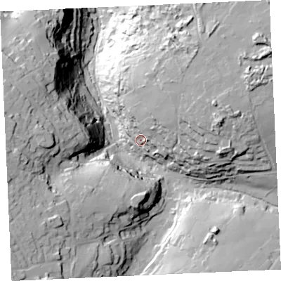 Shaded relief map of the ground around TR50RP, computed from Environment Agency LiDAR. The ground here sits at about 72 m above sea level and falls 76 m across the surrounding 800 m. Surface water reaching this point runs off ground lying to the east-north-east, 30.9 m higher.