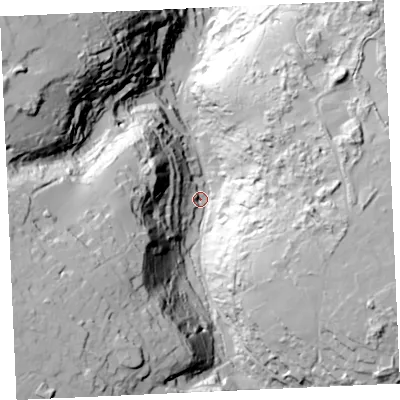 Shaded relief map of the ground around TR50RR, computed from Environment Agency LiDAR. The ground here sits at about 39 m above sea level and falls 103 m across the surrounding 800 m. Surface water reaching this point runs off ground lying to the south-west, 73.7 m higher.