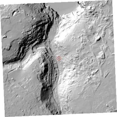 Shaded relief map of the ground around TR50RS, computed from Environment Agency LiDAR. The ground here sits at about 35 m above sea level and falls 110 m across the surrounding 800 m. Surface water reaching this point runs off ground lying to the south-west, 78.1 m higher.