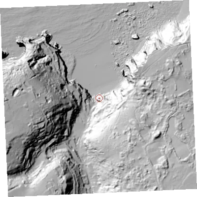 Shaded relief map of the ground around TR50RU, computed from Environment Agency LiDAR. The ground here sits at about 14 m above sea level and falls 102 m across the surrounding 800 m. Surface water reaching this point runs off ground lying to the west-south-west, 95.6 m higher.