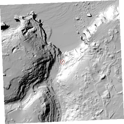 Shaded relief map of the ground around TR50RX, computed from Environment Agency LiDAR. The ground here sits at about 19 m above sea level and falls 105 m across the surrounding 800 m. Surface water reaching this point runs off ground lying to the west-south-west, 88.0 m higher.