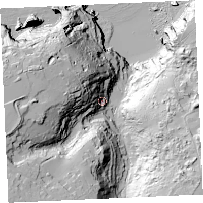Shaded relief map of the ground around TR50RY, computed from Environment Agency LiDAR. The ground here sits at about 38 m above sea level and falls 112 m across the surrounding 800 m. Surface water reaching this point runs off ground lying to the west-north-west, 60.9 m higher.