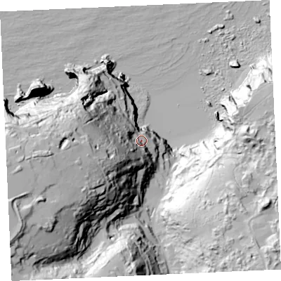 Shaded relief map of the ground around TR50RZ, computed from Environment Agency LiDAR. The ground here sits at about 31 m above sea level and falls 107 m across the surrounding 800 m. Surface water reaching this point runs off ground lying to the west-south-west, 62.9 m higher.