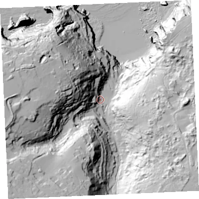 Shaded relief map of the ground around TR50SA, computed from Environment Agency LiDAR. The ground here sits at about 28 m above sea level and falls 110 m across the surrounding 800 m. Surface water reaching this point runs off ground lying to the south-west, 81.2 m higher.