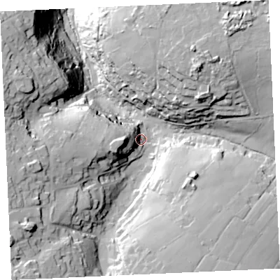 Shaded relief map of the ground around TR50TZ, computed from Environment Agency LiDAR. The ground here sits at about 72 m above sea level and falls 68 m across the surrounding 800 m. Surface water reaching this point runs off ground lying to the south-west, 41.2 m higher.