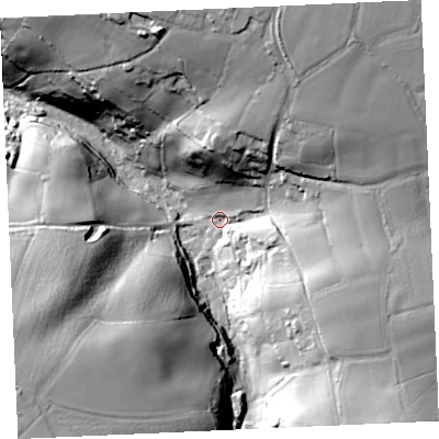 Shaded relief map of the ground around TR50XN, computed from Environment Agency LiDAR. The ground here sits at about 69 m above sea level and falls 50 m across the surrounding 800 m. Surface water reaching this point runs off ground lying to the north-north-east, 37.5 m higher.