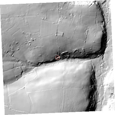 Shaded relief map of the ground around TR50XZ, computed from Environment Agency LiDAR. The ground here sits at about 69 m above sea level and falls 63 m across the surrounding 800 m. Surface water reaching this point runs off ground lying to the north-north-west, 28.7 m higher.