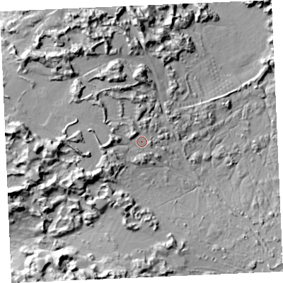 Shaded relief map of the ground around TR60AD, computed from Environment Agency LiDAR. The ground here sits at about 80 m above sea level and falls 42 m across the surrounding 800 m. Surface water reaching this point runs off ground lying to the west-south-west, 7.5 m higher.