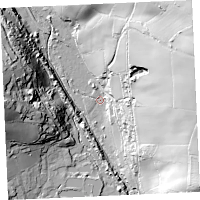 Shaded relief map of the ground around TR60AP, computed from Environment Agency LiDAR. The ground here sits at about 6 m above sea level and falls 72 m across the surrounding 800 m. Surface water reaching this point runs off ground lying to the east, 70.6 m higher.