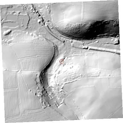 Shaded relief map of the ground around TR60AT, computed from Environment Agency LiDAR. The ground here sits at about 22 m above sea level and falls 81 m across the surrounding 800 m. Surface water reaching this point runs off ground lying to the south-east, 35.4 m higher.