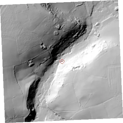 Shaded relief map of the ground around TR60AY, computed from Environment Agency LiDAR. The ground here sits at about 23 m above sea level and falls 79 m across the surrounding 800 m. Surface water reaching this point runs off ground lying to the north-west, 68.5 m higher.