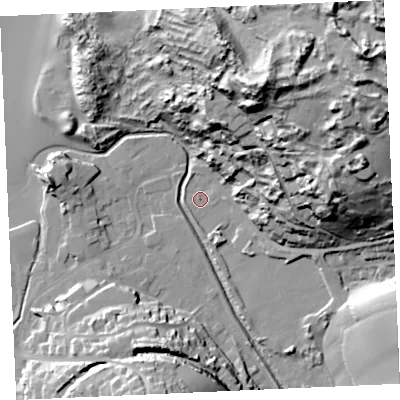 Shaded relief map of the ground around TR60BG, computed from Environment Agency LiDAR. The ground here sits at about 6 m above sea level and falls 75 m across the surrounding 800 m. Surface water reaching this point runs off ground lying to the east-north-east, 60.3 m higher.