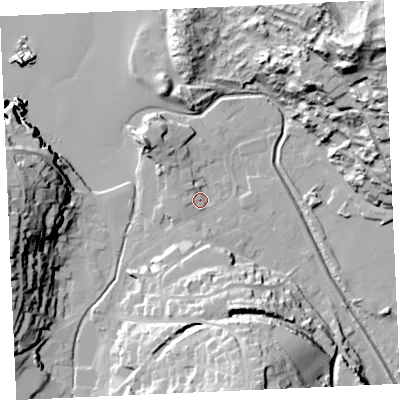 Shaded relief map of the ground around TR60BH, computed from Environment Agency LiDAR. The ground here sits at about 6 m above sea level and falls 61 m across the surrounding 800 m. Surface water reaching this point runs off ground lying to the south-south-east, 32.2 m higher.