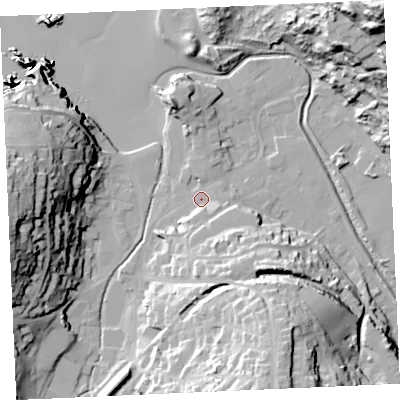 Shaded relief map of the ground around TR60BJ, computed from Environment Agency LiDAR. The ground here sits at about 7 m above sea level and falls 59 m across the surrounding 800 m. Surface water reaching this point runs off ground lying to the south-south-east, 11.2 m higher.