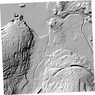 Shaded relief map of the ground around TR60BQ, computed from Environment Agency LiDAR. The ground here sits at about 5 m above sea level and falls 56 m across the surrounding 800 m. Surface water reaching this point runs off ground lying to the east, 2.4 m higher.