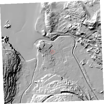 Shaded relief map of the ground around TR60BS, computed from Environment Agency LiDAR. The ground here sits at about 6 m above sea level and falls 61 m across the surrounding 800 m. Surface water reaching this point runs off ground lying to the south-south-east, 27.5 m higher.