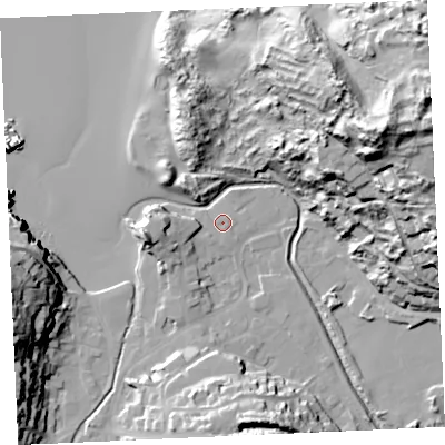 Shaded relief map of the ground around TR60BT, computed from Environment Agency LiDAR. The ground here sits at about 5 m above sea level and falls 65 m across the surrounding 800 m. Surface water reaching this point runs off ground lying to the south, 21.0 m higher.