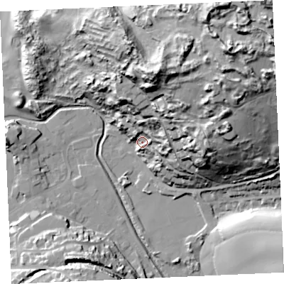 Shaded relief map of the ground around TR60BU, computed from Environment Agency LiDAR. The ground here sits at about 16 m above sea level and falls 80 m across the surrounding 800 m. Surface water reaching this point runs off ground lying to the north-east, 37.7 m higher.