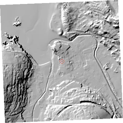 Shaded relief map of the ground around TR60BW, computed from Environment Agency LiDAR. The ground here sits at about 8 m above sea level and falls 58 m across the surrounding 800 m. Surface water reaching this point runs off ground lying to the south-east, 1.5 m higher.