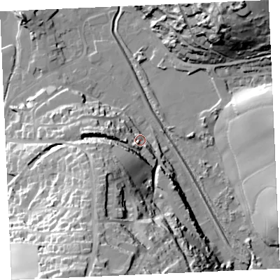 Shaded relief map of the ground around TR60DD, computed from Environment Agency LiDAR. The ground here sits at about 10 m above sea level and falls 54 m across the surrounding 800 m. Surface water reaching this point runs off ground lying to the south-south-west, 48.7 m higher.