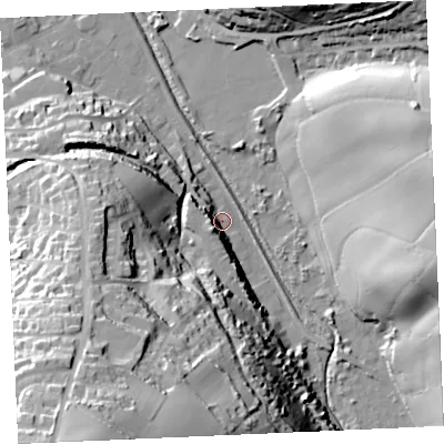 Shaded relief map of the ground around TR60DL, computed from Environment Agency LiDAR. The ground here sits at about 6 m above sea level and falls 65 m across the surrounding 800 m. Surface water reaching this point runs off ground lying to the south-south-west, 55.4 m higher.