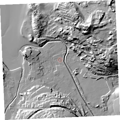 Shaded relief map of the ground around TR60DN, computed from Environment Agency LiDAR. The ground here sits at about 5 m above sea level and falls 72 m across the surrounding 800 m. Surface water reaching this point runs off ground lying to the south, 27.8 m higher.