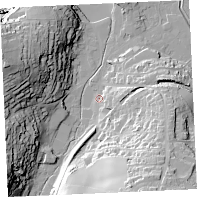 Shaded relief map of the ground around TR60EP, computed from Environment Agency LiDAR. The ground here sits at about 7 m above sea level and falls 60 m across the surrounding 800 m. Surface water reaching this point runs off ground lying to the east-south-east, 29.1 m higher.