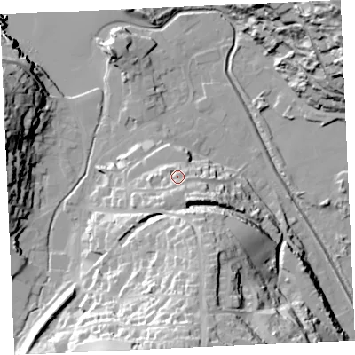Shaded relief map of the ground around TR60EY, computed from Environment Agency LiDAR. The ground here sits at about 17 m above sea level and falls 48 m across the surrounding 800 m. Surface water reaching this point runs off ground lying to the south, 6.9 m higher.