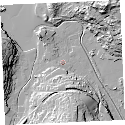 Shaded relief map of the ground around TR60EZ, computed from Environment Agency LiDAR. The ground here sits at about 6 m above sea level and falls 60 m across the surrounding 800 m. Surface water reaching this point runs off ground lying to the south, 12.6 m higher.