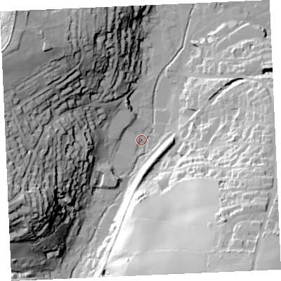 Shaded relief map of the ground around TR60HT, computed from Environment Agency LiDAR. The ground here sits at about 7 m above sea level and falls 67 m across the surrounding 800 m. Surface water reaching this point runs off ground lying to the north-west, 58.9 m higher.