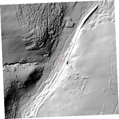 Shaded relief map of the ground around TR60HX, computed from Environment Agency LiDAR. The ground here sits at about 12 m above sea level and falls 77 m across the surrounding 800 m. Surface water reaching this point runs off ground lying to the south-south-east, 70.8 m higher.