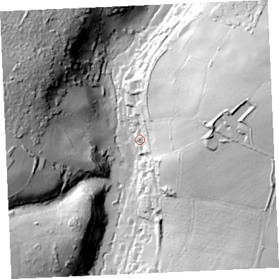 Shaded relief map of the ground around TR60HZ, computed from Environment Agency LiDAR. The ground here sits at about 29 m above sea level and falls 73 m across the surrounding 800 m. Surface water reaching this point runs off ground lying to the east, 52.4 m higher.