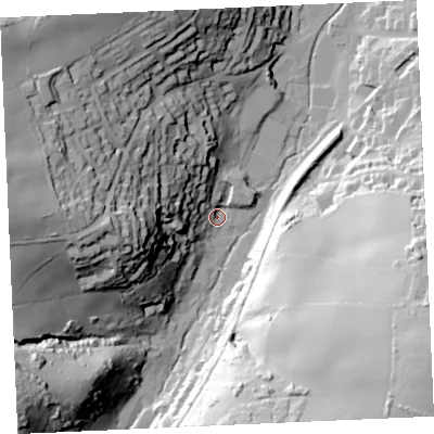 Shaded relief map of the ground around TR60JD, computed from Environment Agency LiDAR. The ground here sits at about 9 m above sea level and falls 70 m across the surrounding 800 m. Surface water reaching this point runs off ground lying to the west, 59.1 m higher.